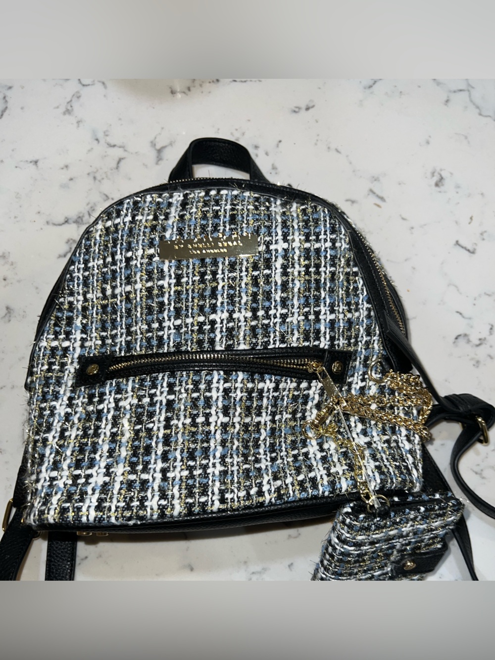 Laundry By Shelli Segal Black and White Tweed back pack Bag with Gold Hardware